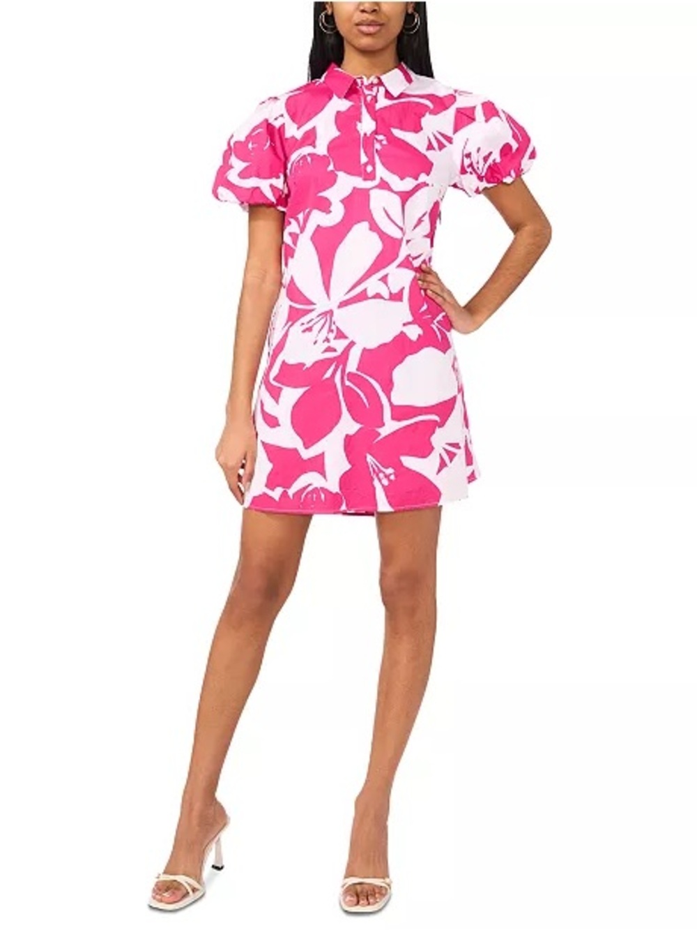 MSK Women's M Printed Cotton Collared Puff-Sleeve Shift Dress Pink White Floral